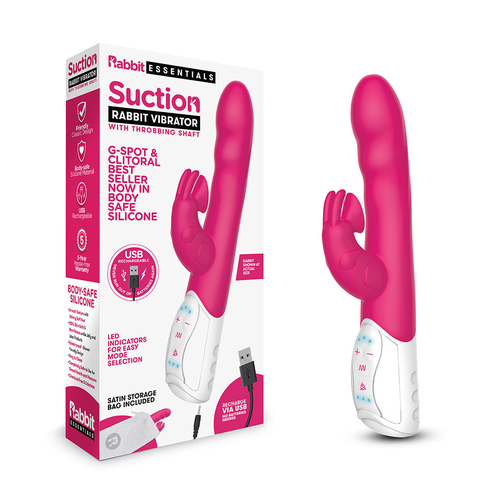 Packaging of the Rabbit Essentials Clitoral Suction Rabbit Vibrator in Hot Pink