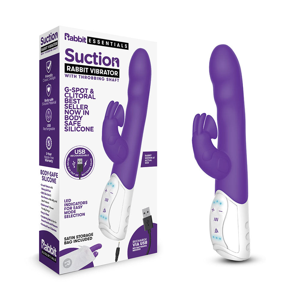 Packaging of the Rabbit Essentials Clitoral Suction Rabbit Vibrator in Purple