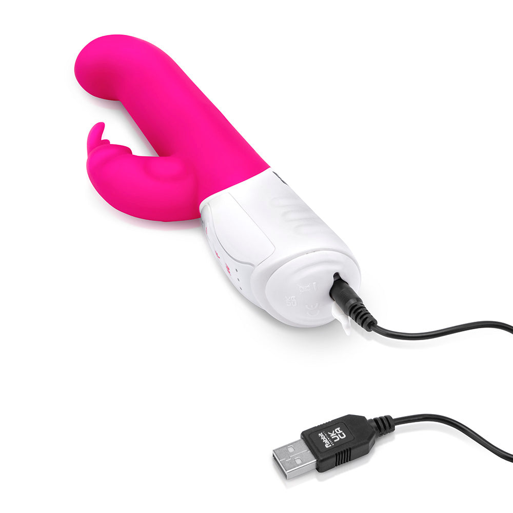 Rabbit Essentials Come Hither Curved Tip Rabbit Vibrator in Hot Pink with the Replacement USB Charging Wire
