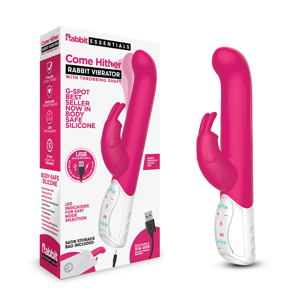 Packaging of the Rabbit Essentials Come Hither Curved Tip Rabbit Vibrator in Hot Pink