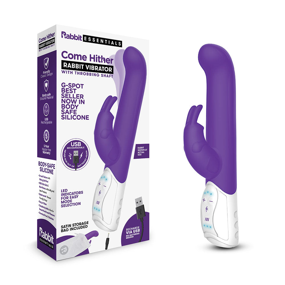 Packaging of the Rabbit Essentials Come Hither Curved Tip Rabbit Vibrator in Purple