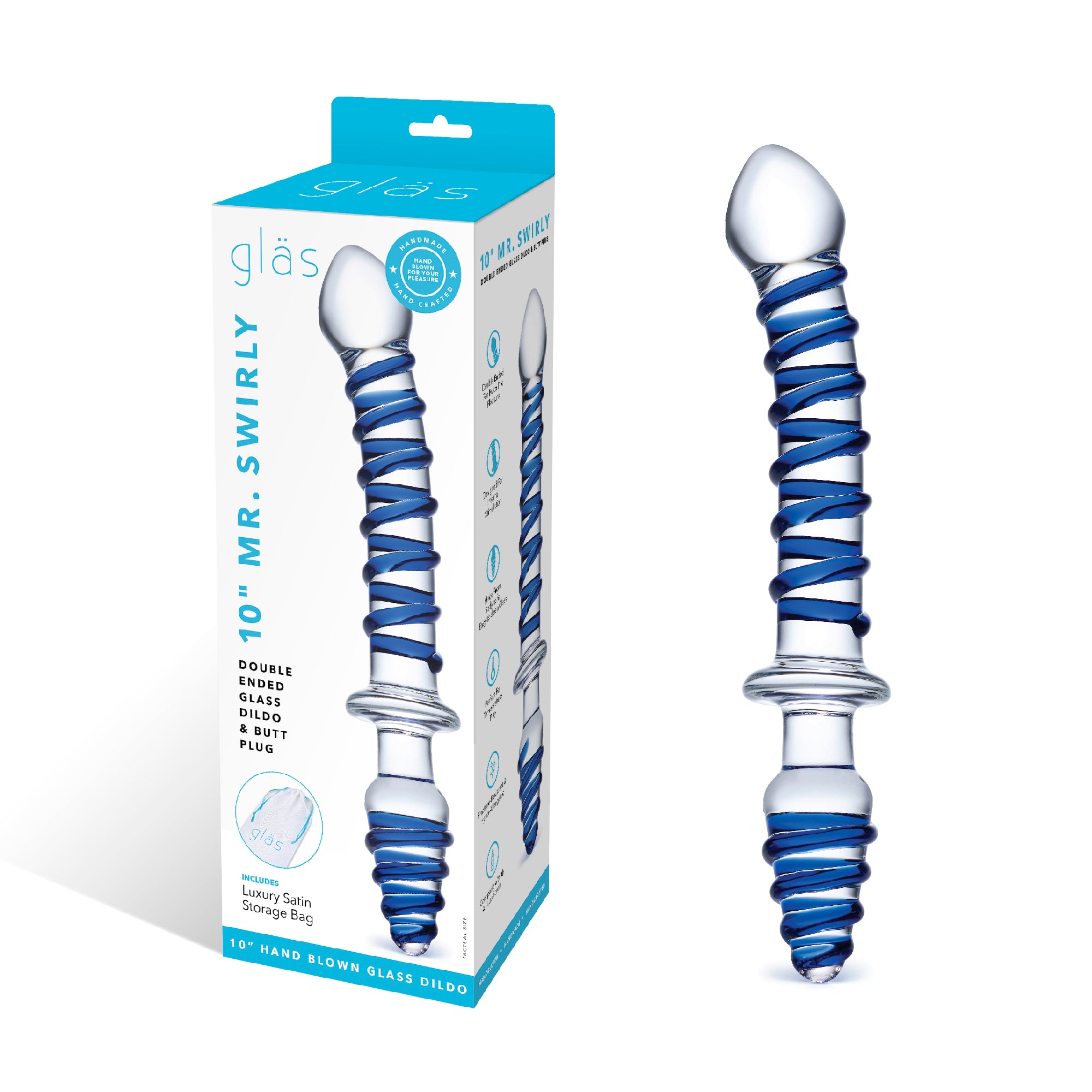 Packaging of the Gläs 10 inch Mr. Swirly Double Ended Glass Dildo and Butt Plug