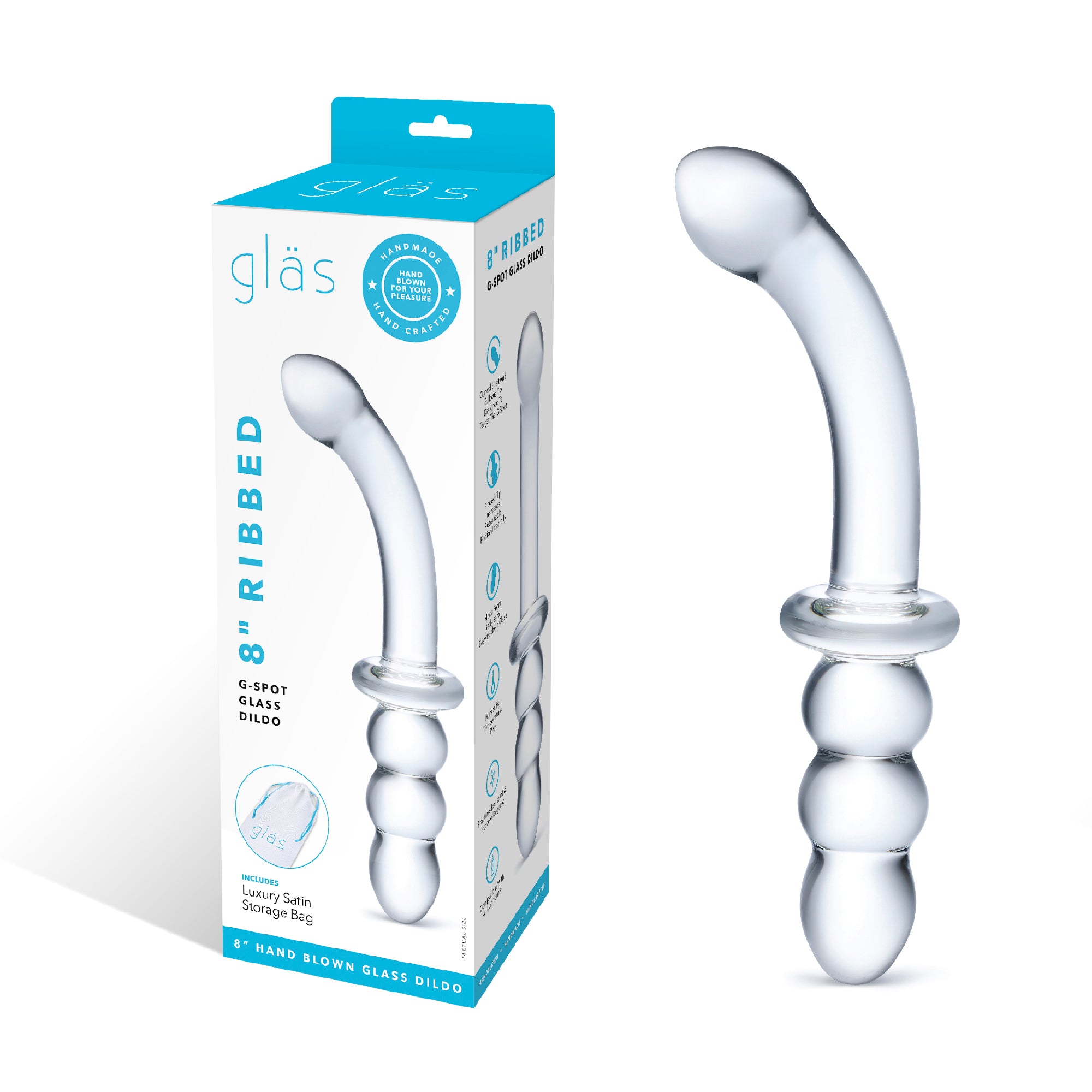 Packaging of the Gläs 8 inch Ribbed G-Spot Glass Dildo