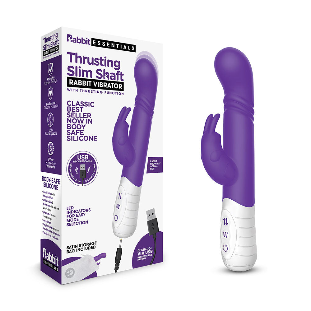 Packaging of the Rabbit Essentials Slim Shaft Thrusting Rabbit Vibrator with G-Spot Stimulation in Purple