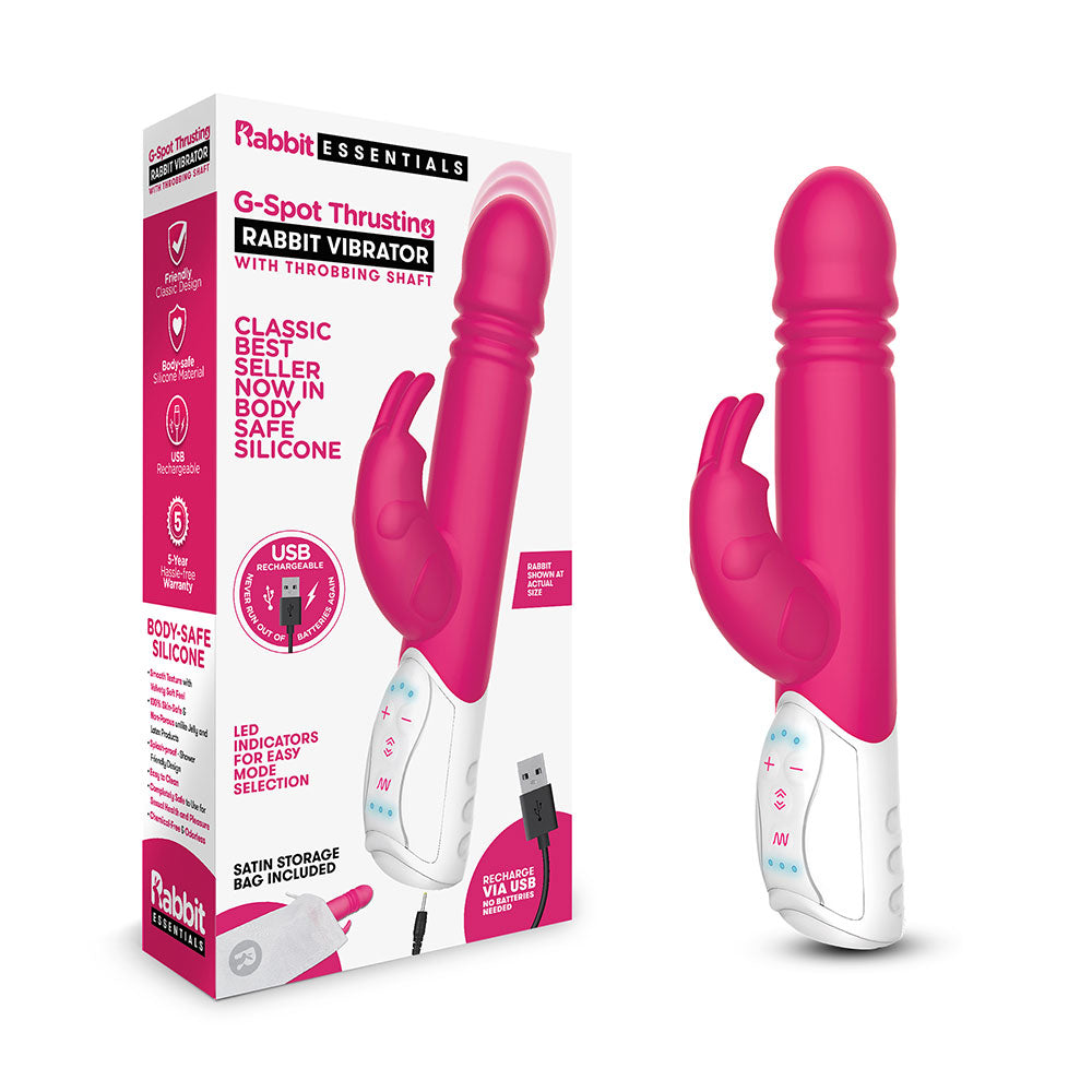 Packaging of the Rabbit Essentials Thrusting Rabbit Vibrator with G-Spot Stimulation in Hot Pink