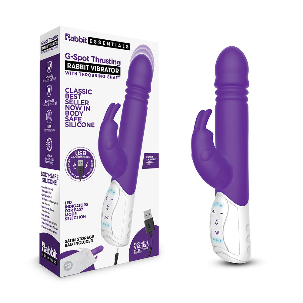 Packaging of the Rabbit Essentials Thrusting Rabbit Vibrator with G-Spot Stimulation in Purple