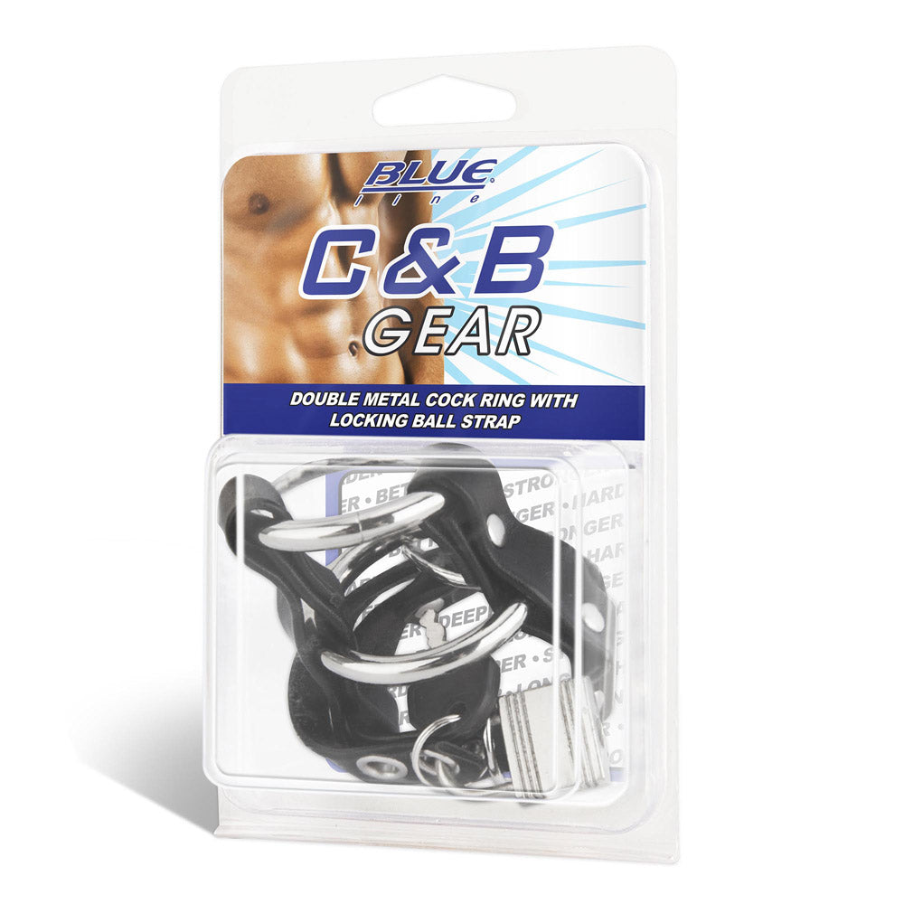 Packaging of the Blue Line Men Double Metal Cock Ring with Locking Ball Strap at Glastoy.com