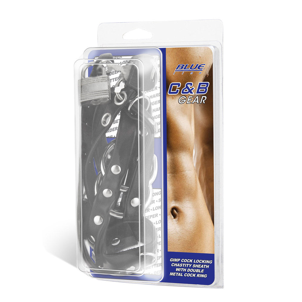Packaging of the Blue Line Men Gimp Cock Locking Chastity Sheath with Double Metal Cock Ring at Glastoy.com