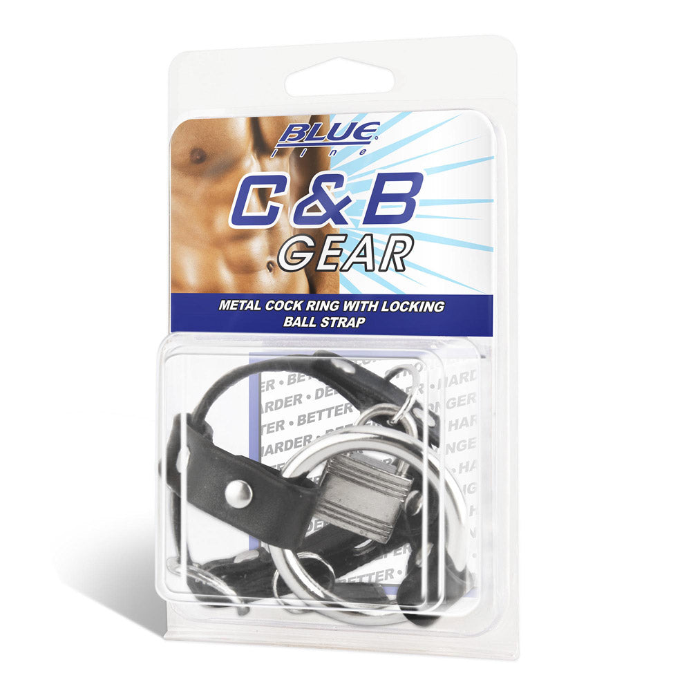 Packaging of the Blue Line Men Metal Cock Ring with Locking Ball Strap at Glastoy.com
