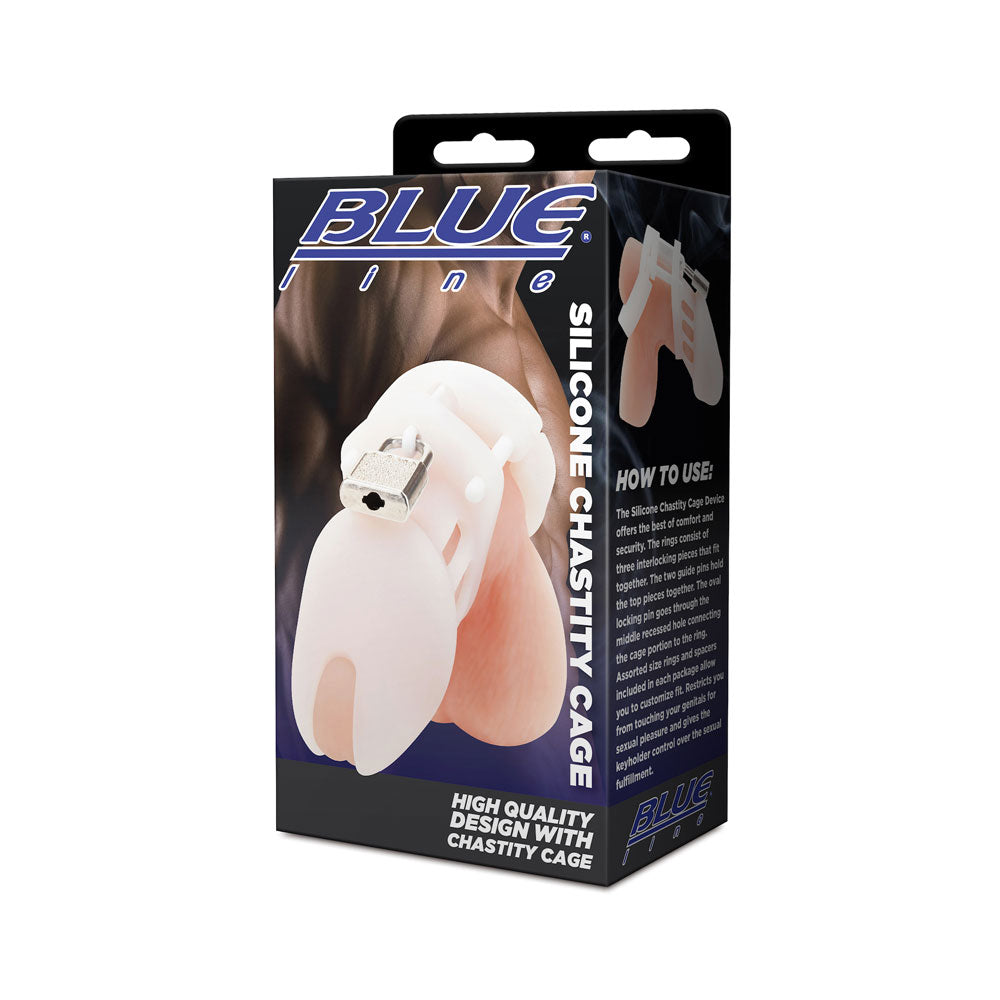 Packaging of the Blue Line Men Silicone Chastity Cage at Glastoy.com