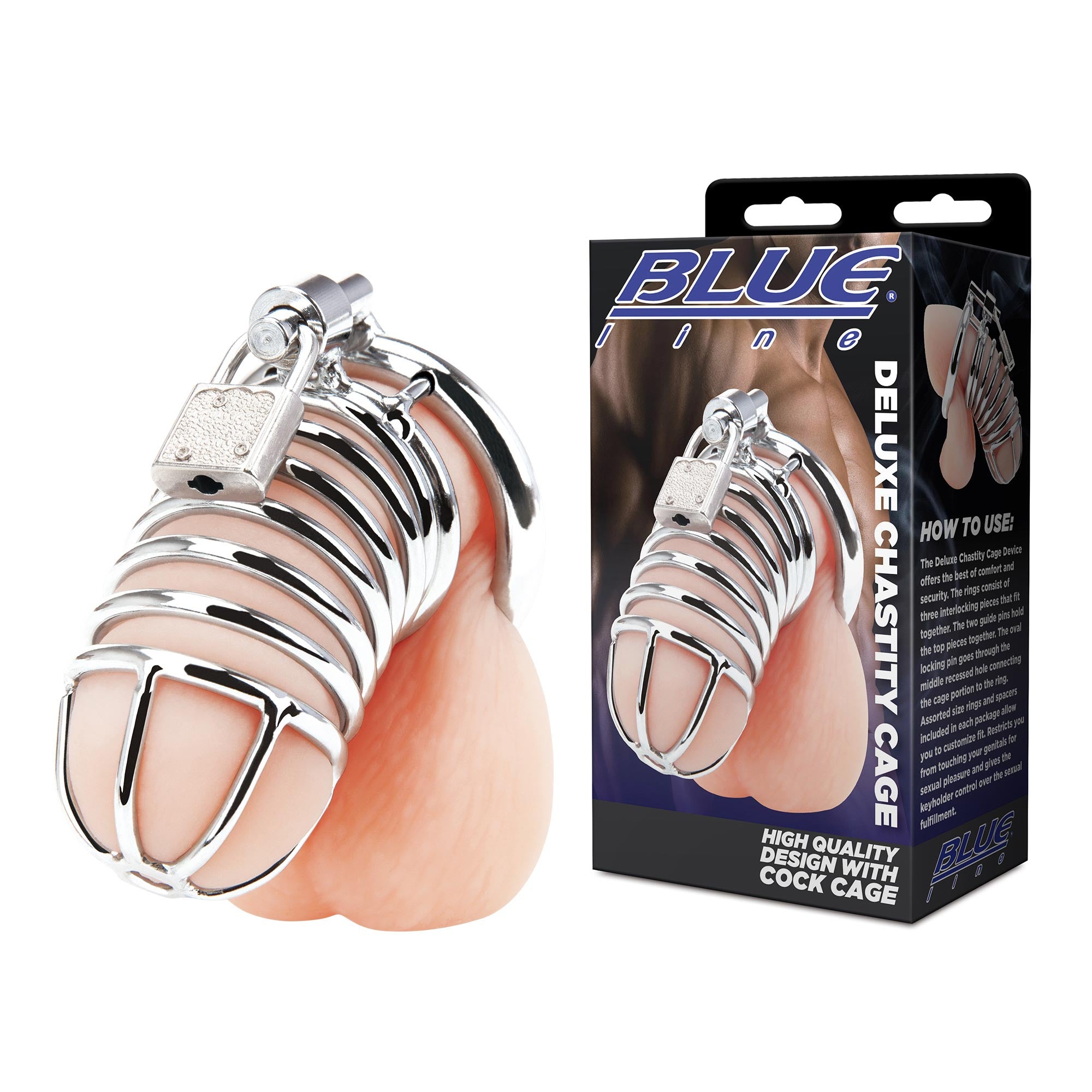 Packaging of Blue Line Men Deluxe Chastity Cock Cage with Lock (Stainless Steel) at glastoy.com