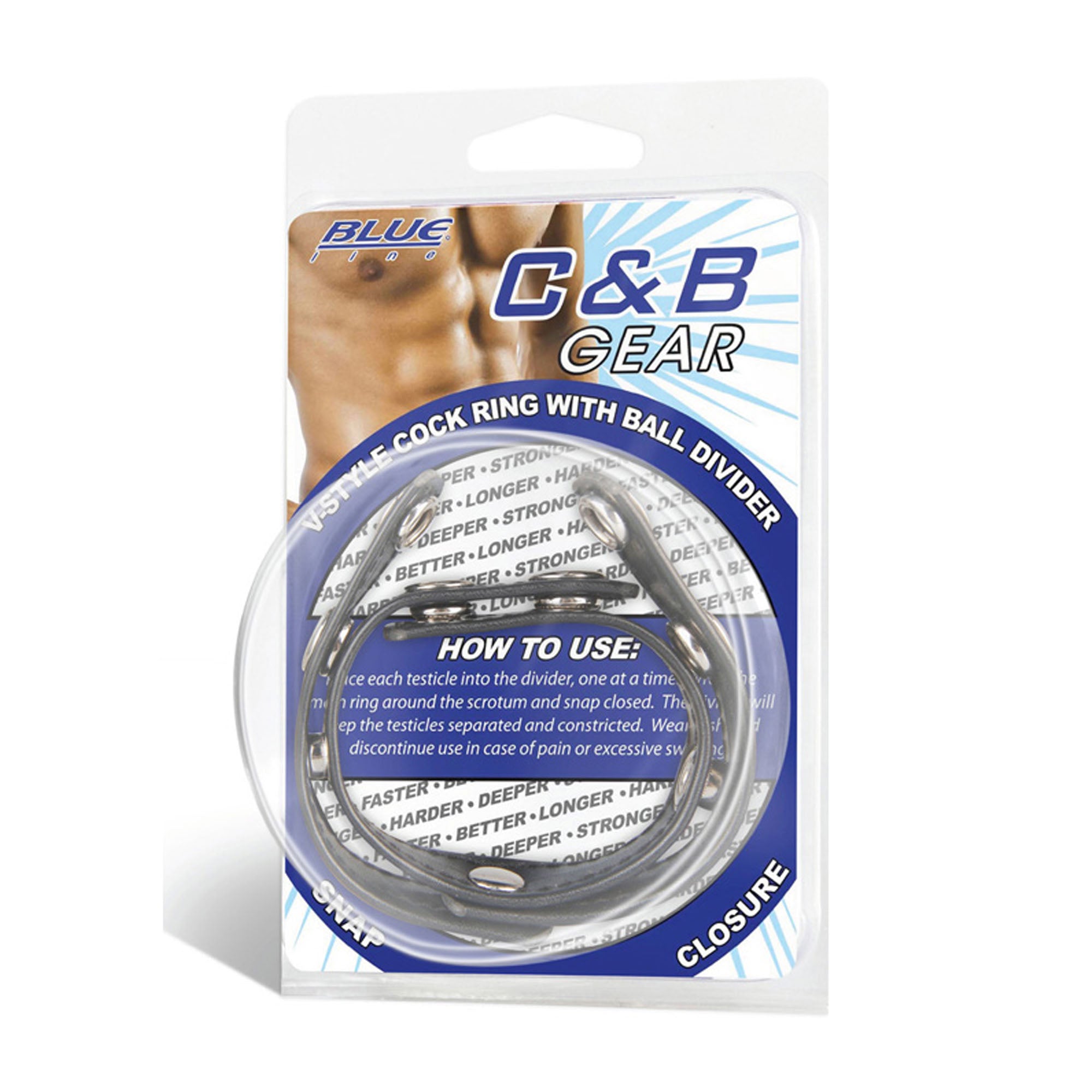 Packaging of Blue Line Men V-Style Cock Ring with Ball Divider at glastoy.com