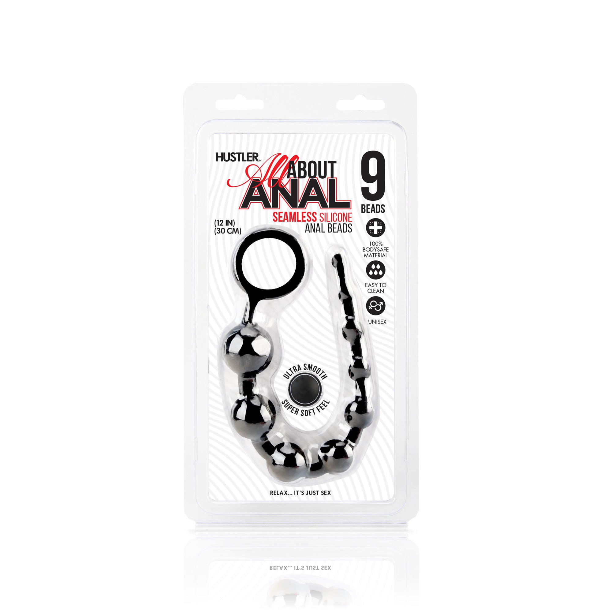 Packaging of Hustler Body-Safe Silicone Anal Beads (9 Beads) in Black at glastoy.com