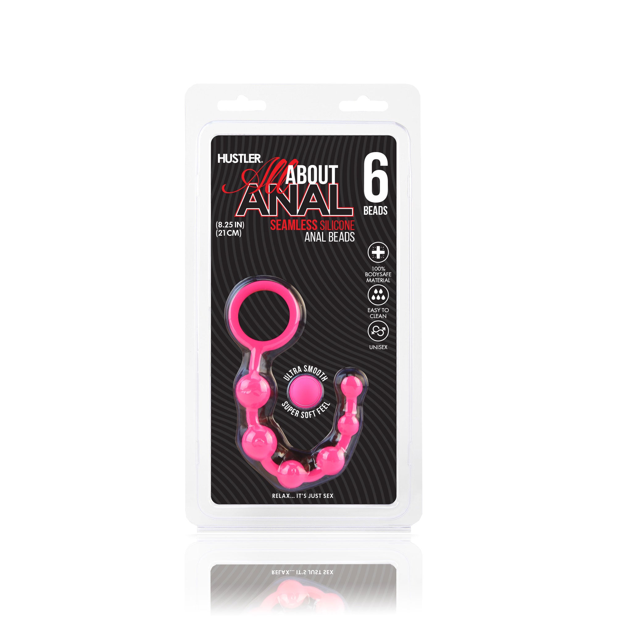 Packaging of Hustler Body-Safe Silicone Anal Beads (6 Beads) in Pink at glastoy.com