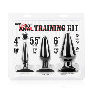 Packaging of Hustler Body-Safe Silicone Anal Training Kit 3-Piece Set in Black at glastoy.com 