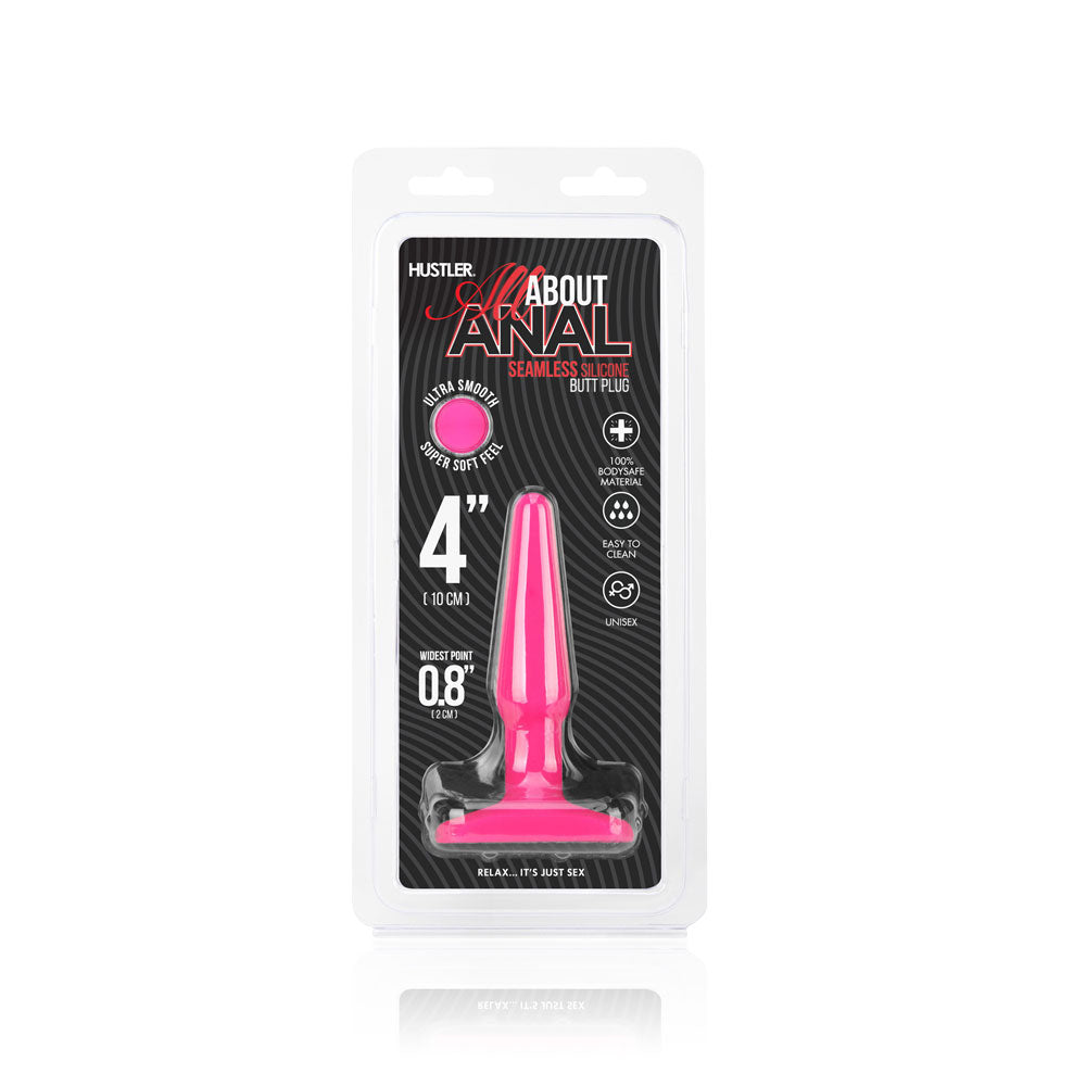 Packaging of the Hustler Seamless Silicone Butt Plug 4" in Hot Pink at Glastoy.com