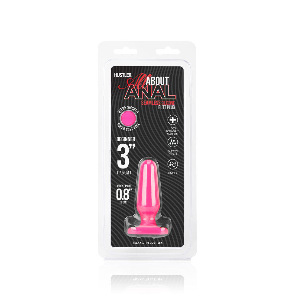 Packaging of the Hustler Seamless Silicone Butt Plug 3" in Hot Pink at Glastoy.com