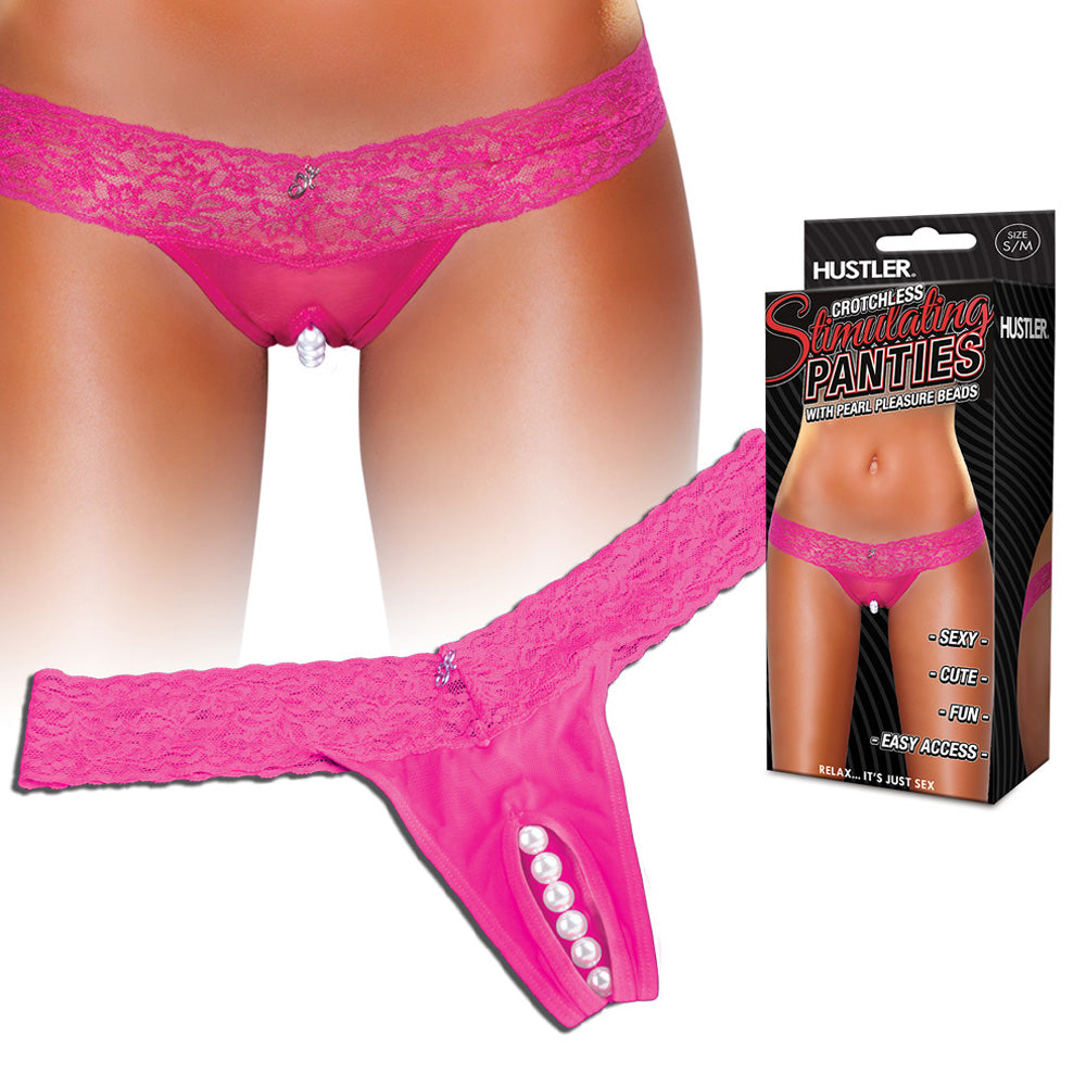 Shop the Hustler Crotchless Clitoral Stimulating Thong with Pearl Beads - Hot Pink at Glastoy.com