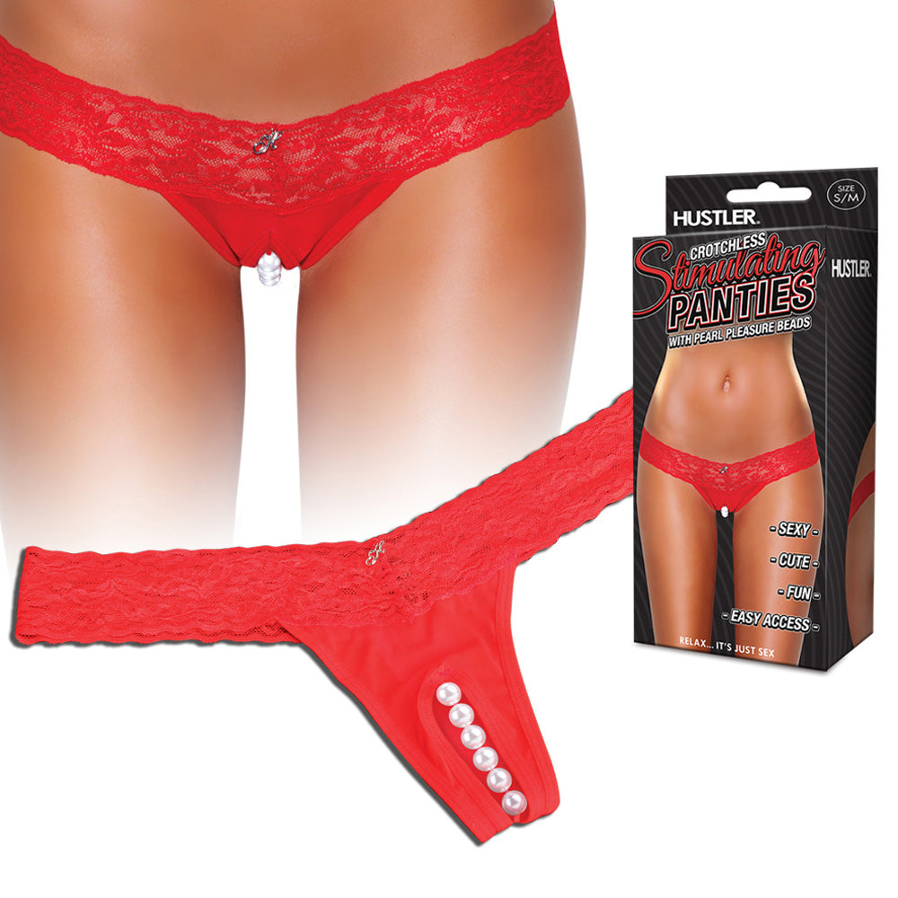 Shop the Hustler Crotchless Clitoral Stimulating Thong with Pearl Beads - Red at Glastoy.com