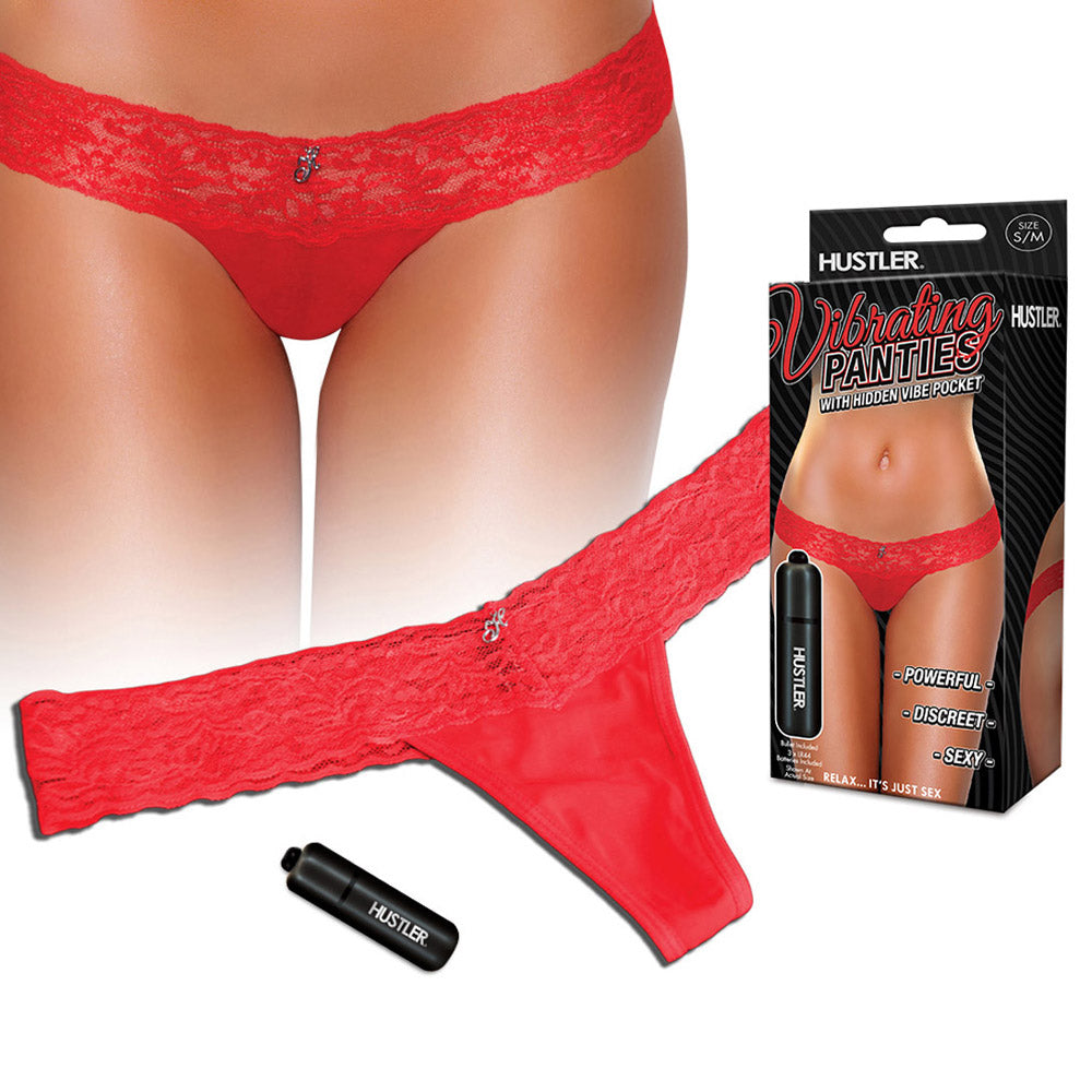 Hustler Vibrating Lace Panties with Hidden Bullet Pocket in Red, Small/Medium/Large at Glastoy.com