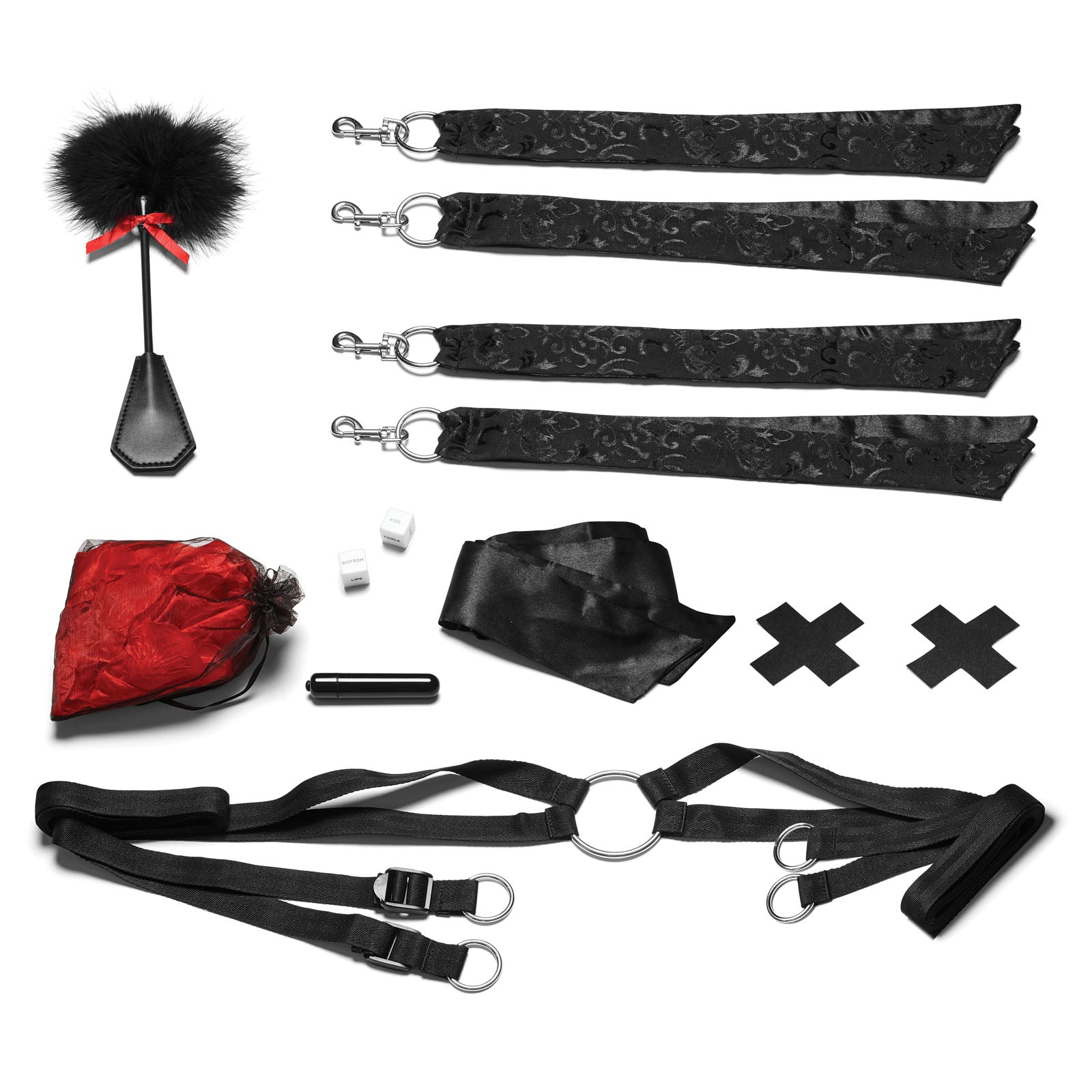Everything included with the Lux Fetish Night of Romance 6PC Bedspreader and Bed Restraint Set with Satin Cuffs and Rose Petals at glastoy.com
