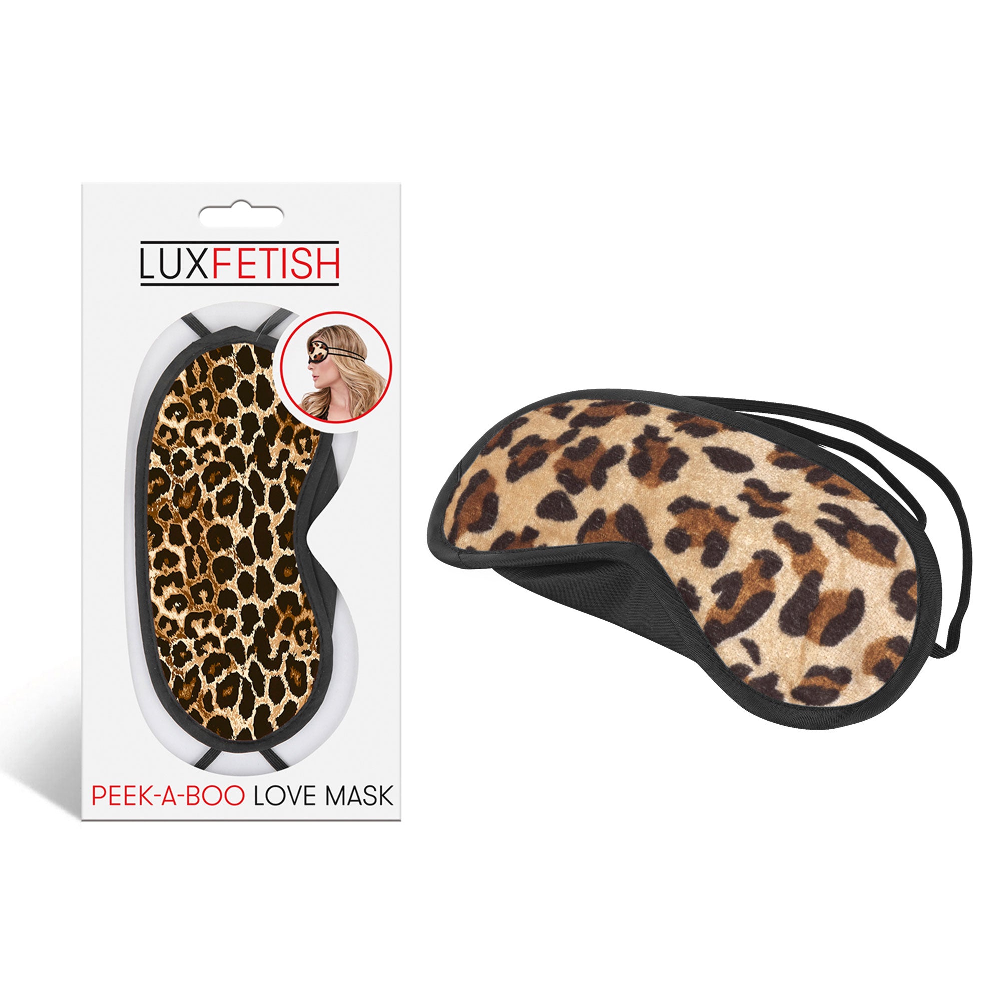 Packaging of the Lux Fetish Peek-A-Boo Love Mask - Leopard Print at glastoy.com