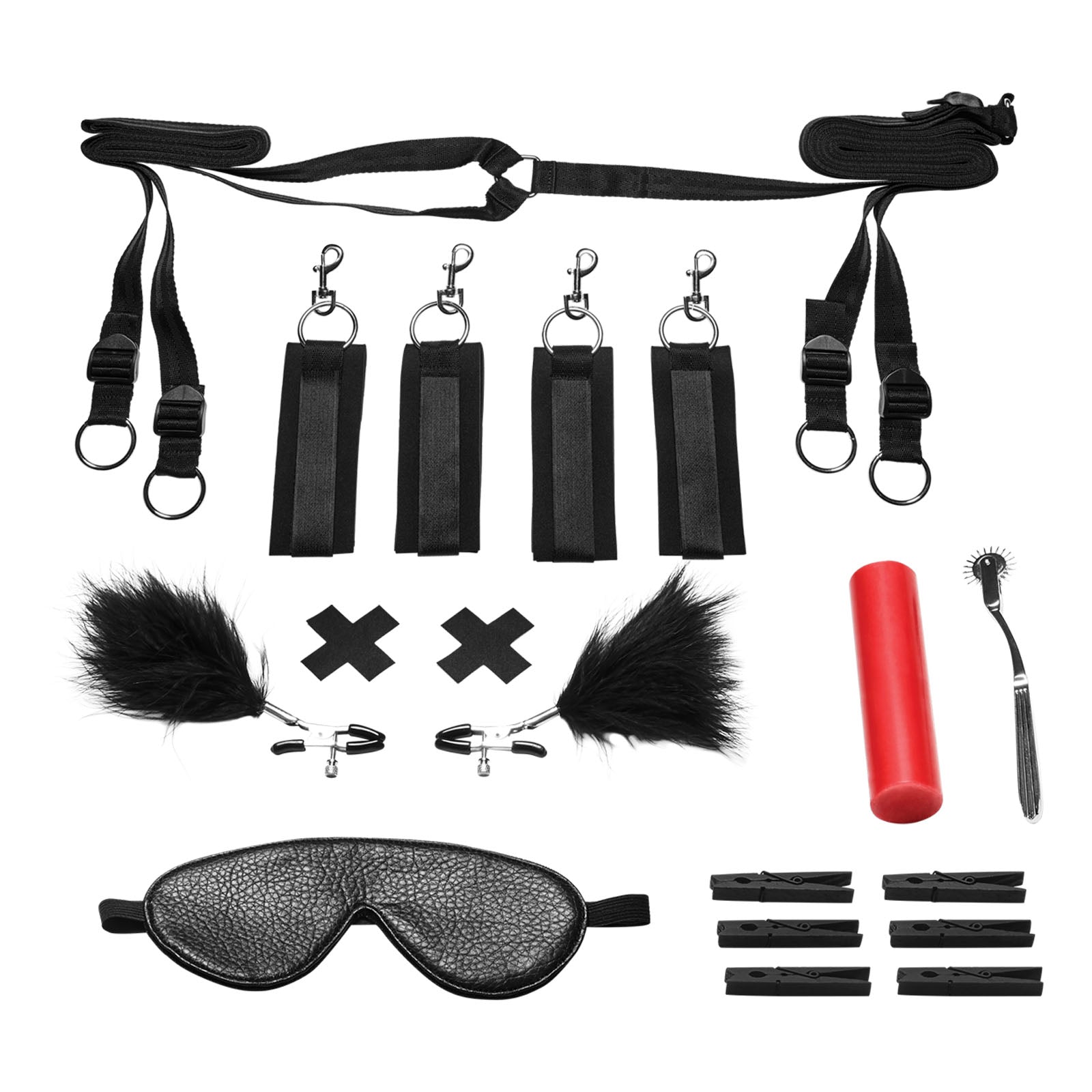 Everything included with the Lux Fetish Sensory Experience 7PC Bedspreader and Bed Restraint Set with Wartenberg Pinwheel at glastoy.com