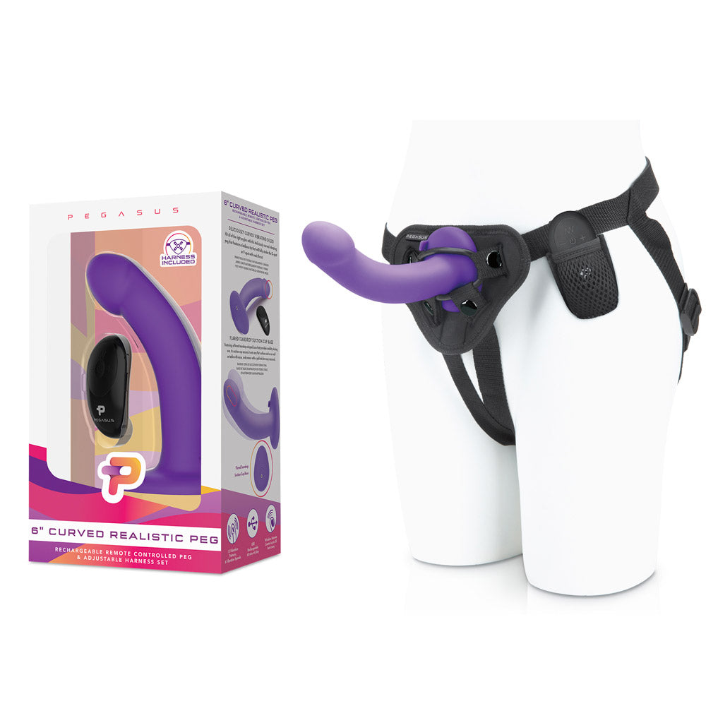 Packaging of the Pegasus 6" Curved Silicone Realistic Pegging Dildo with Adjustable Strap On and Wireless Remote Control at Glastoy.com