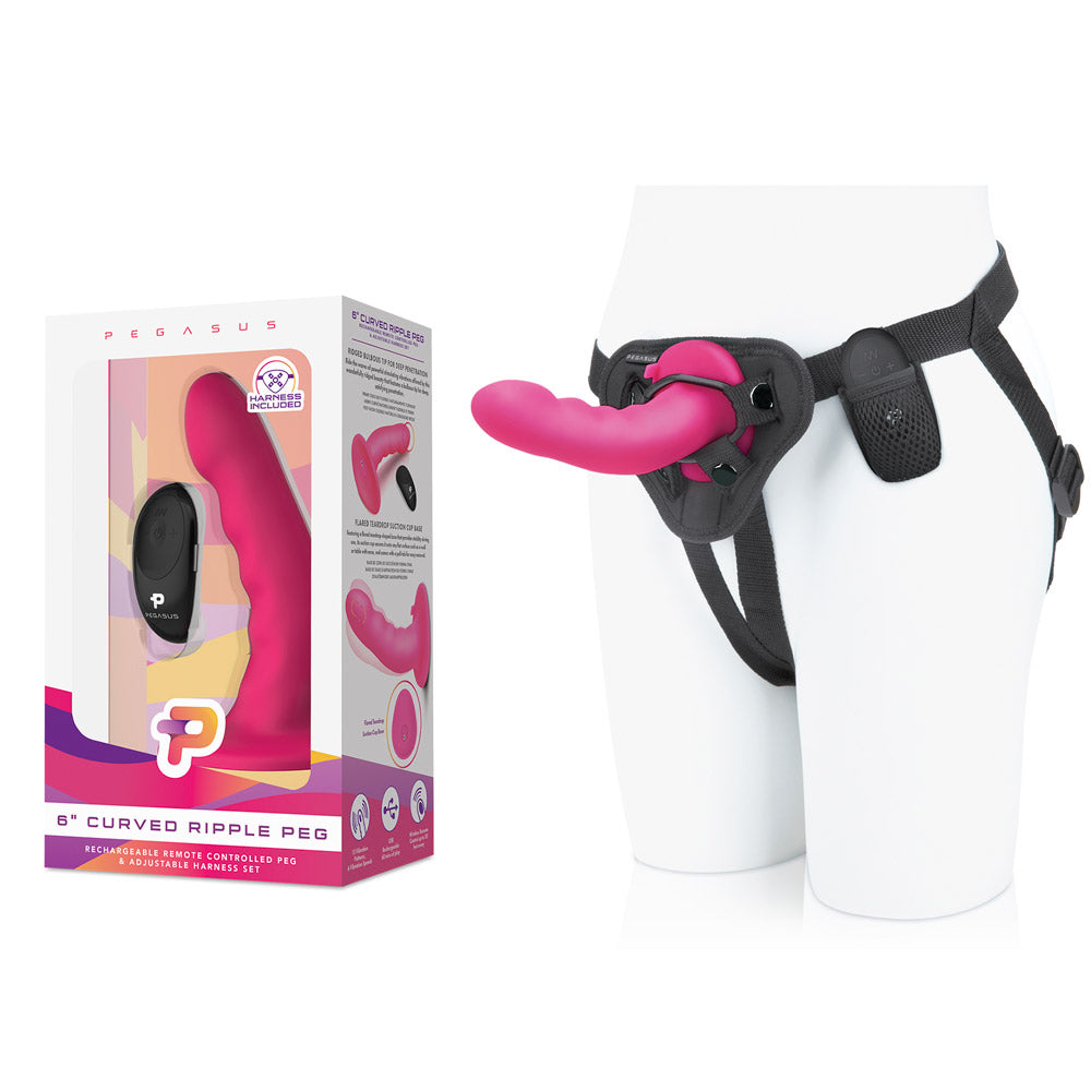 Packaging of the Pegasus 6" Curved Ripple Silicone Pegging Dildo with Adjustable Strap-On and Remote Control at Glastoy.com