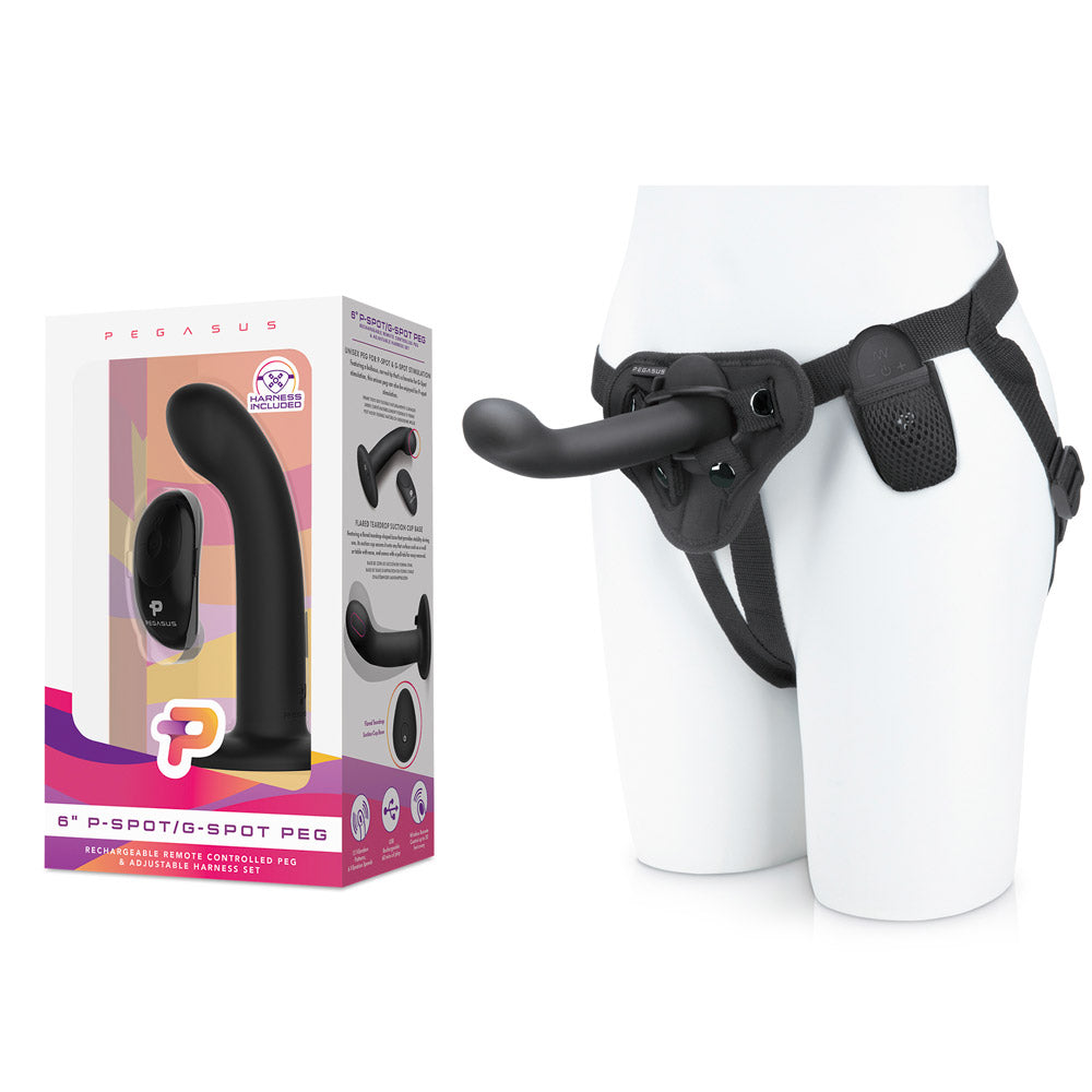 Packaging of the Pegasus 6" P-Spot Silicone Pegging Dildo with Adjustable Strap On and Remote Control at Glastoy.com