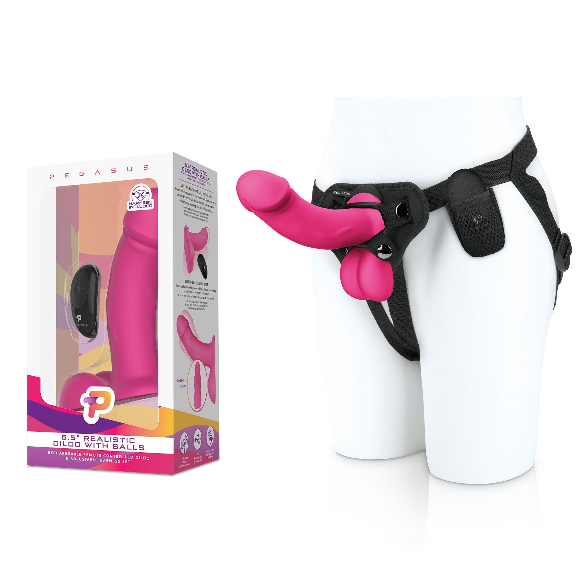 Packaging of Pegasus 6.5" Realistic Silicone Vibrating Pegging Dildo and Balls with Remote Control and Adjustable Harness at glastoy.com