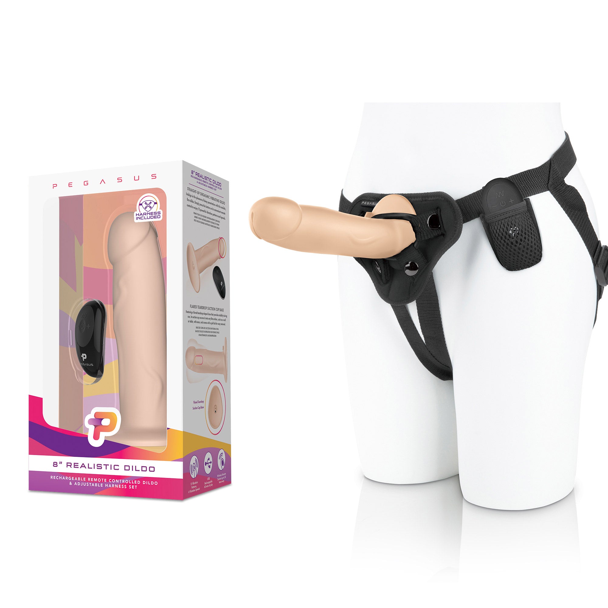 Packaging of Pegasus 8" Realistic Silicone Vibrating Pegging Dildo with Remote Control and Adjustable Harness at glastoy.com