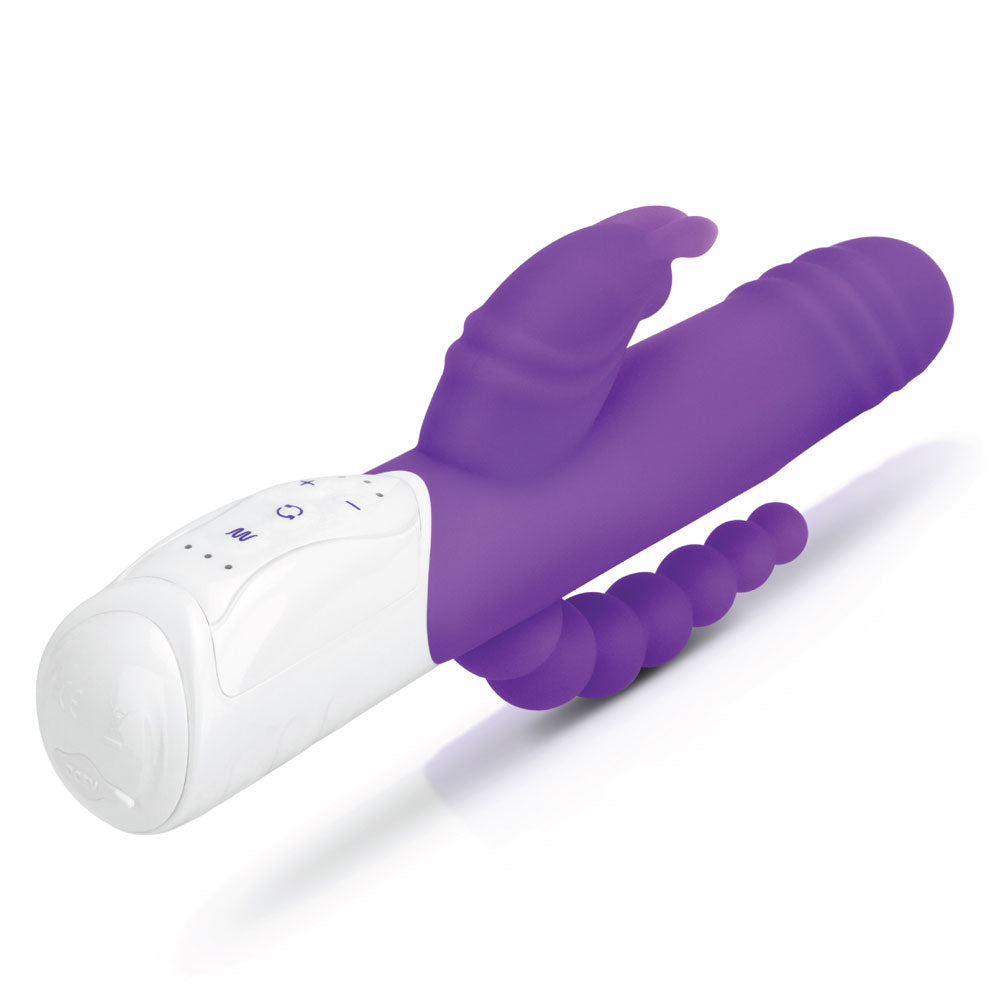 Rabbit Essentials Double Penetration Rabbit Vibrator with Rotating Shaft in Purple at Glastoy.com