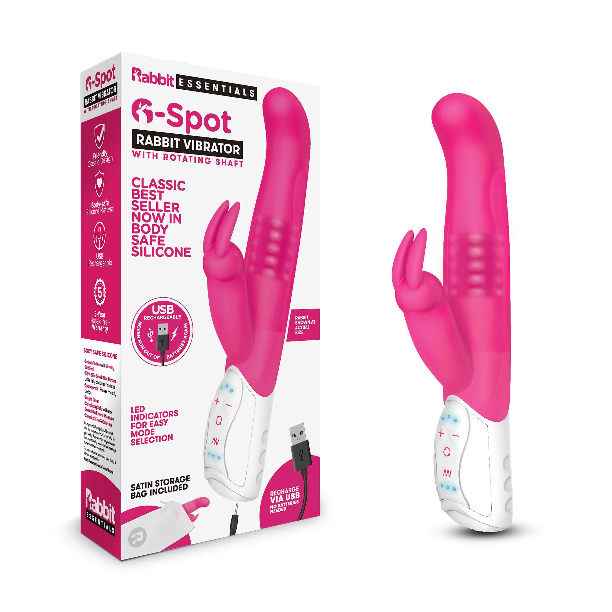 Packaging of Rabbit Essentials G-Spot Rabbit Vibrator with Rotating Shaft in Pink at glastoy.com