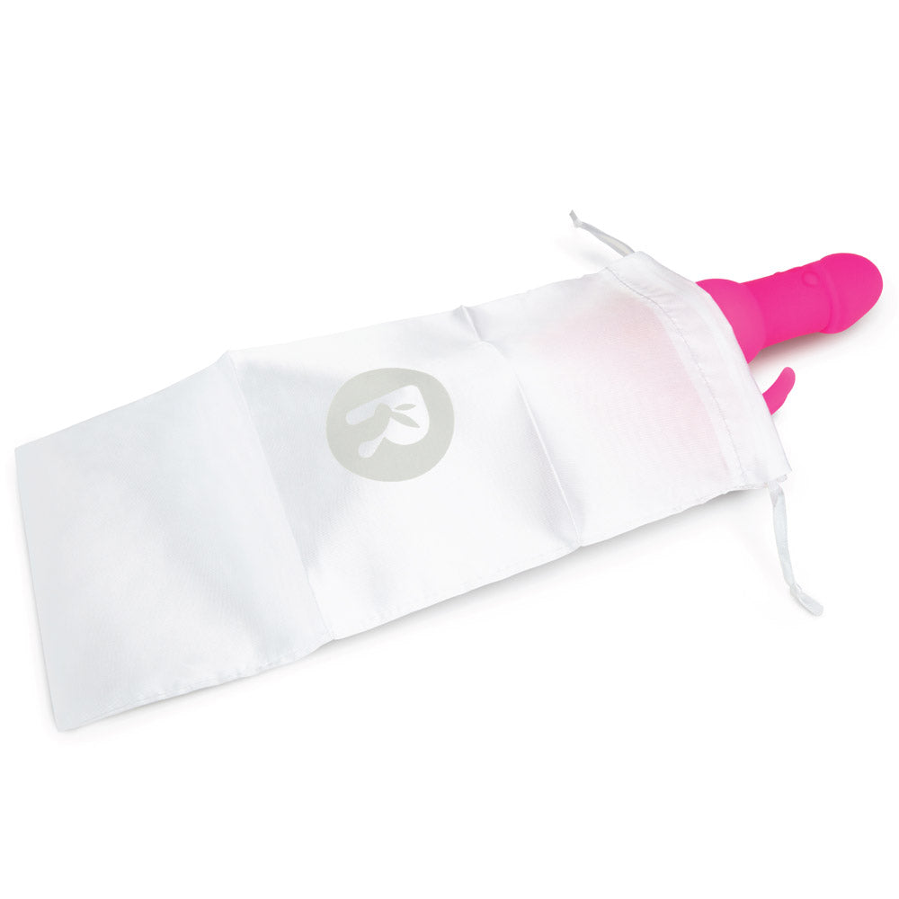 The Rabbit Essentials Pearls Rabbit Vibrator with Rotating Shaft in Pink in the included satin storage pouch at Glastoy.com