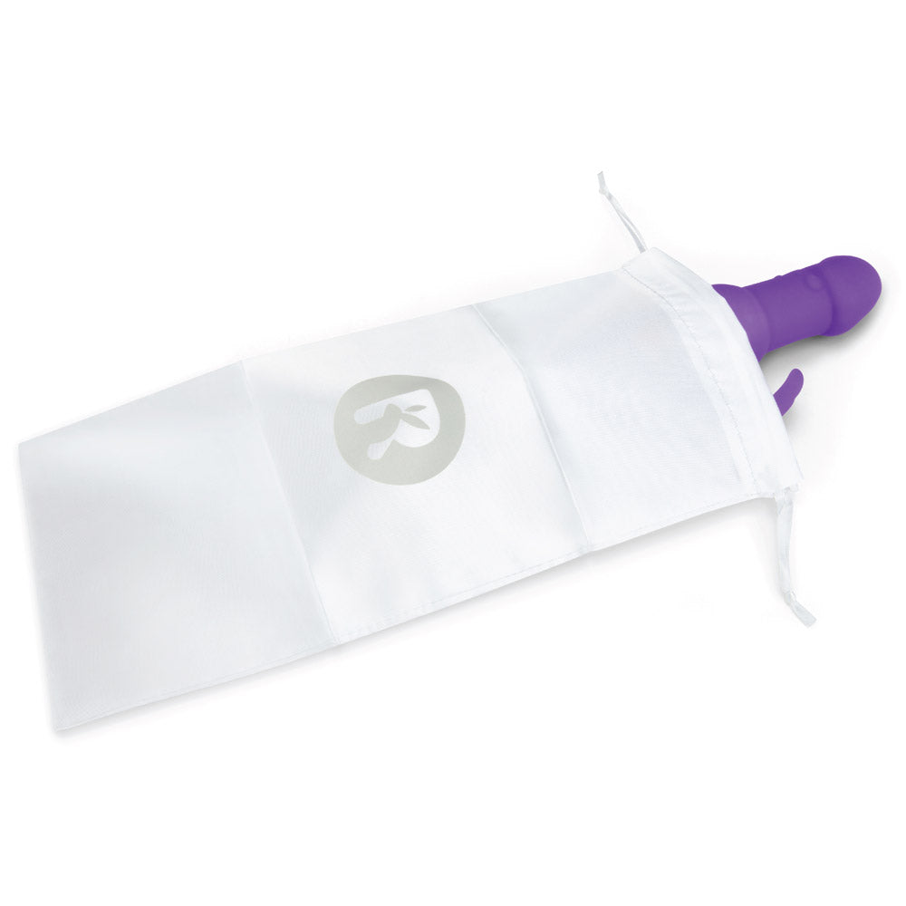 The Rabbit Essentials Pearls Rabbit Vibrator with Rotating Shaft in Purple in the included satin storage pouch at Glastoy.com