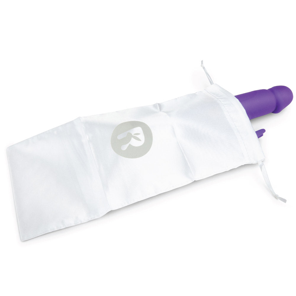 Shop the Rabbit Essentials Realistic Rabbit Vibrator with Throbbing Shaft in Purple in the included satin storage pouch at Glastoy.com