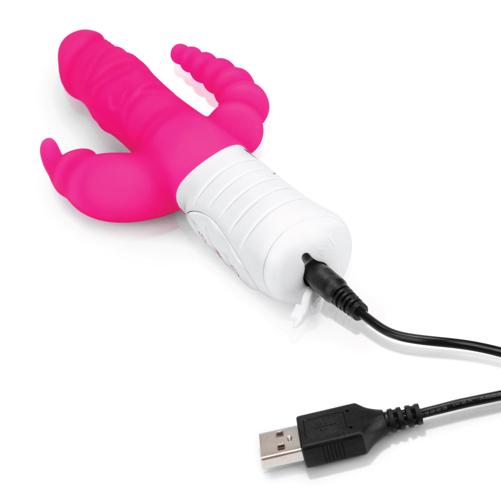 Rabbit Essentials Slim Realistic Double Penetration Rabbit Vibrator with Rotating Beads in Pink with Charging Cable at glastoy.com