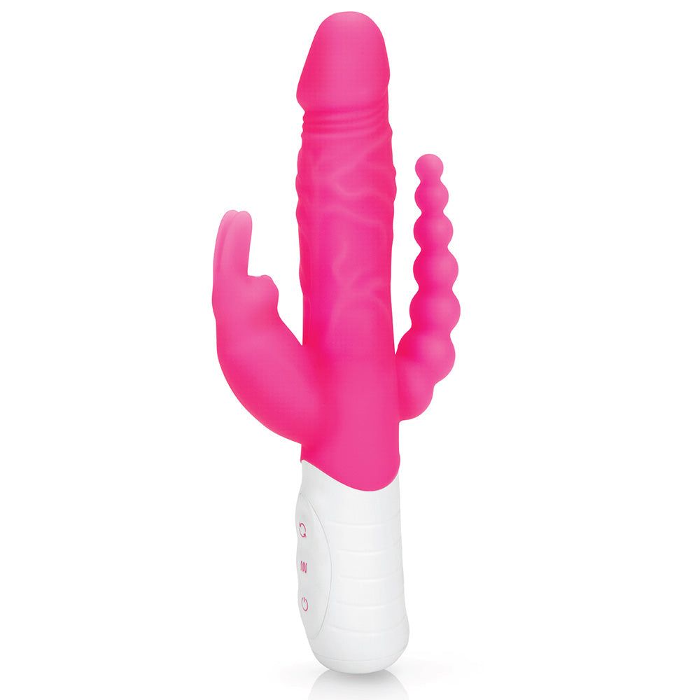 Rabbit Essentials Slim Realistic Double Penetration Rabbit Vibrator with Rotating Beads in Pink at glastoy.com