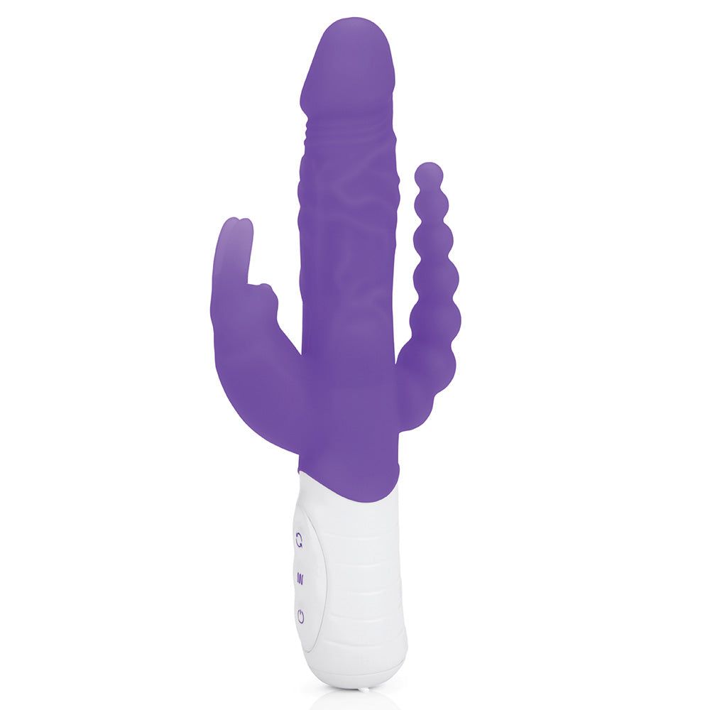 Rabbit Essentials Slim Realistic Double Penetration Rabbit Vibrator with Rotating Beads in Purple at glastoy.com