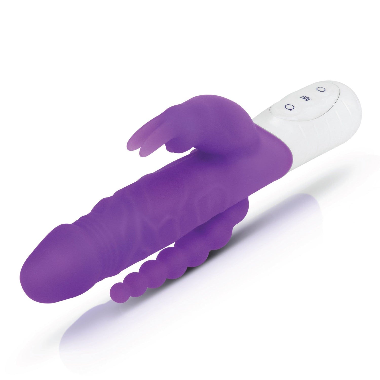 Rabbit Essentials Slim Realistic Double Penetration Rabbit Vibrator with Rotating Beads in Purple at glastoy.com
