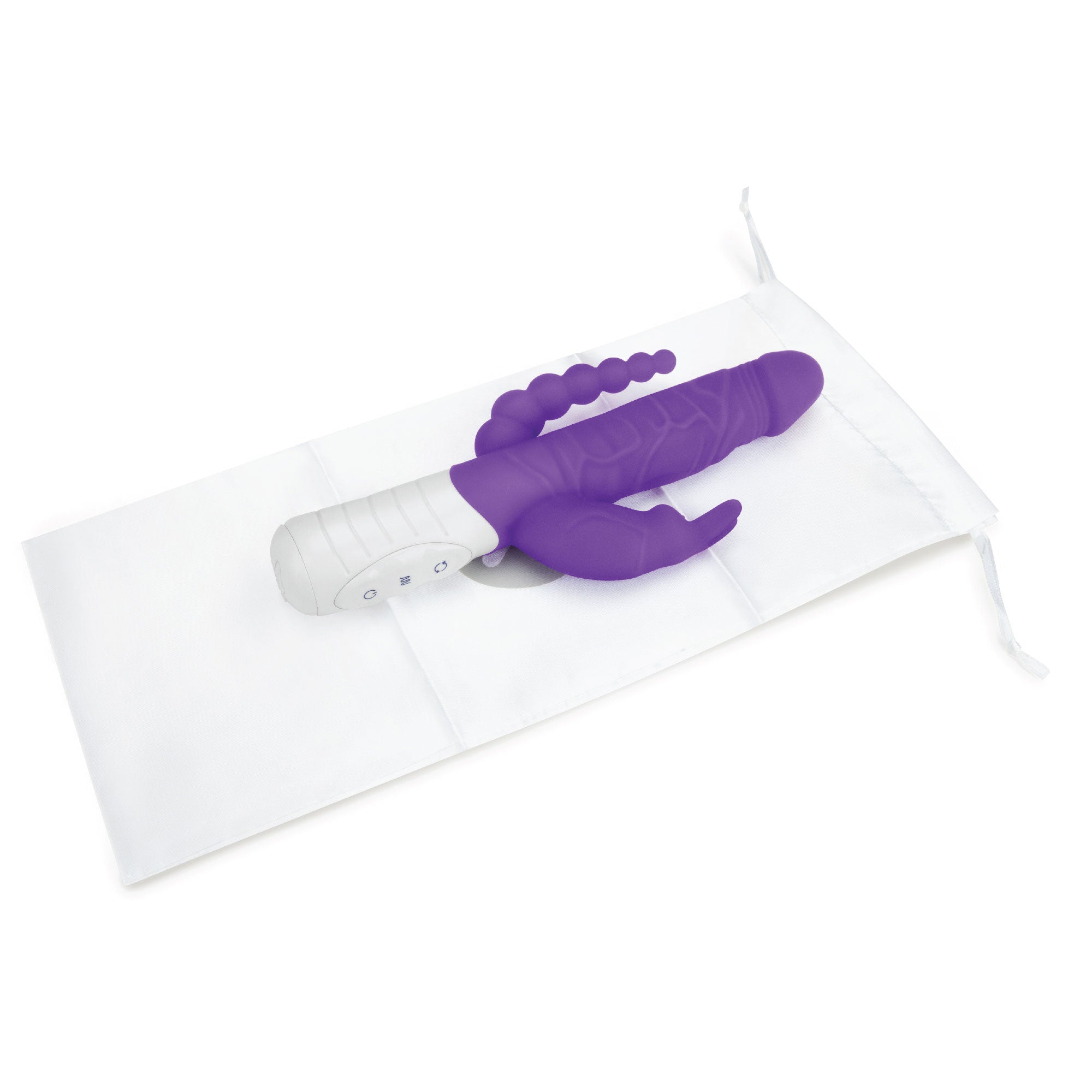 Rabbit Essentials Slim Realistic Double Penetration Rabbit Vibrator with Rotating Beads in Purple with Storage Pouch at glastoy.com