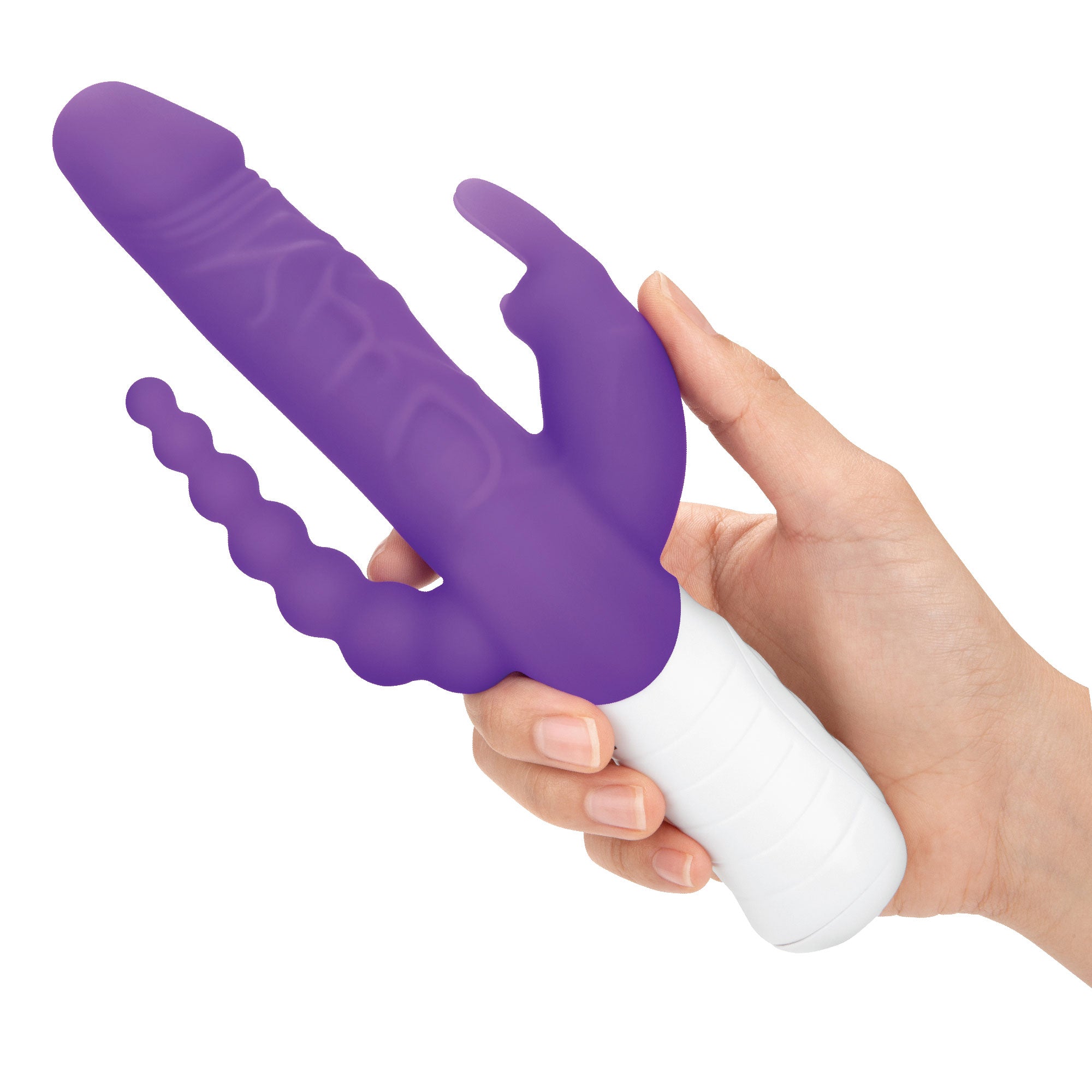 Rabbit Essentials Slim Realistic Double Penetration Rabbit Vibrator with Rotating Beads in Purple at glastoy.com