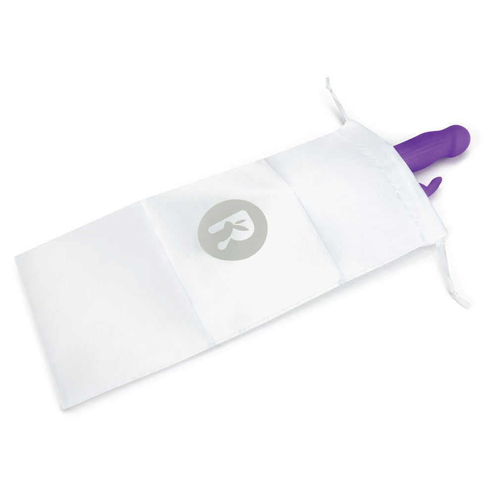Rabbit Essentials Slim Shaft Rabbit Vibrator with Rotating Beads in Purple with Storage Pouch at Glastoy.com
