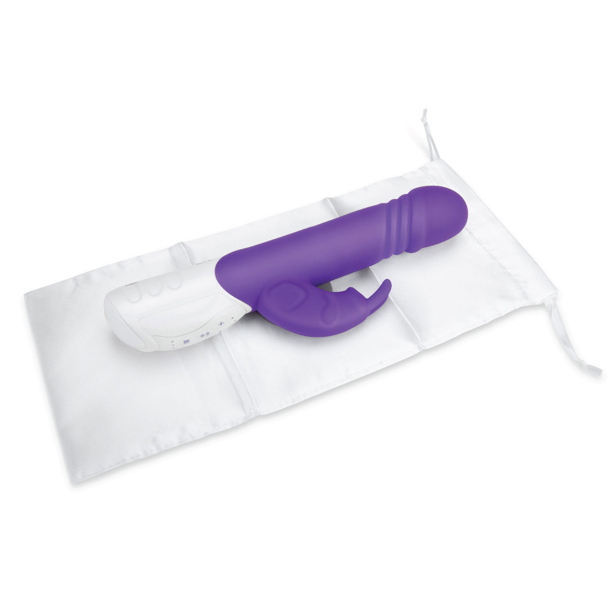 Rabbit Essentials Thrusting Rabbit Vibrator with Throbbing Shaft in Purple with Storage Pouch at glastoy.com