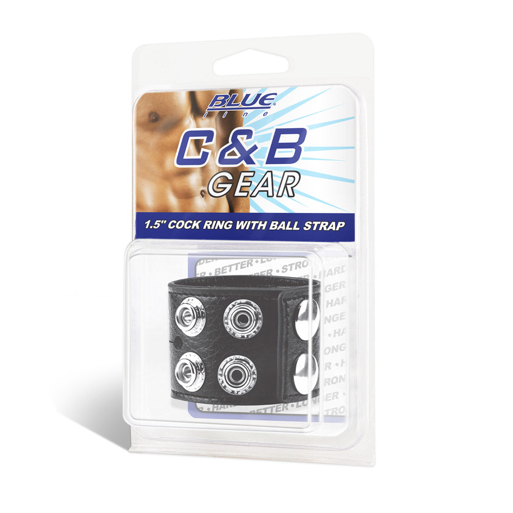 Packaging of the Blue Line Men 1.5" Cock Ring with Ball Strap at glastoy.com