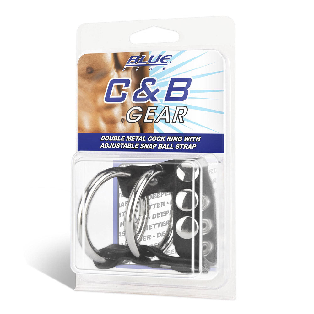 Packaging of the Blue Line Men Double Metal Cock Ring with Adjustable Snap Ball Strap at glastoy.com