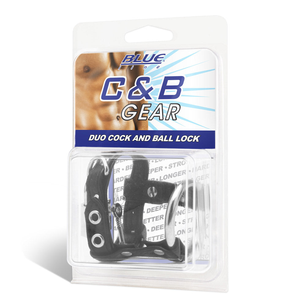 Packaging of the Blue Line Men Duo Cock & Ball Ring with Lock at glastoy.com