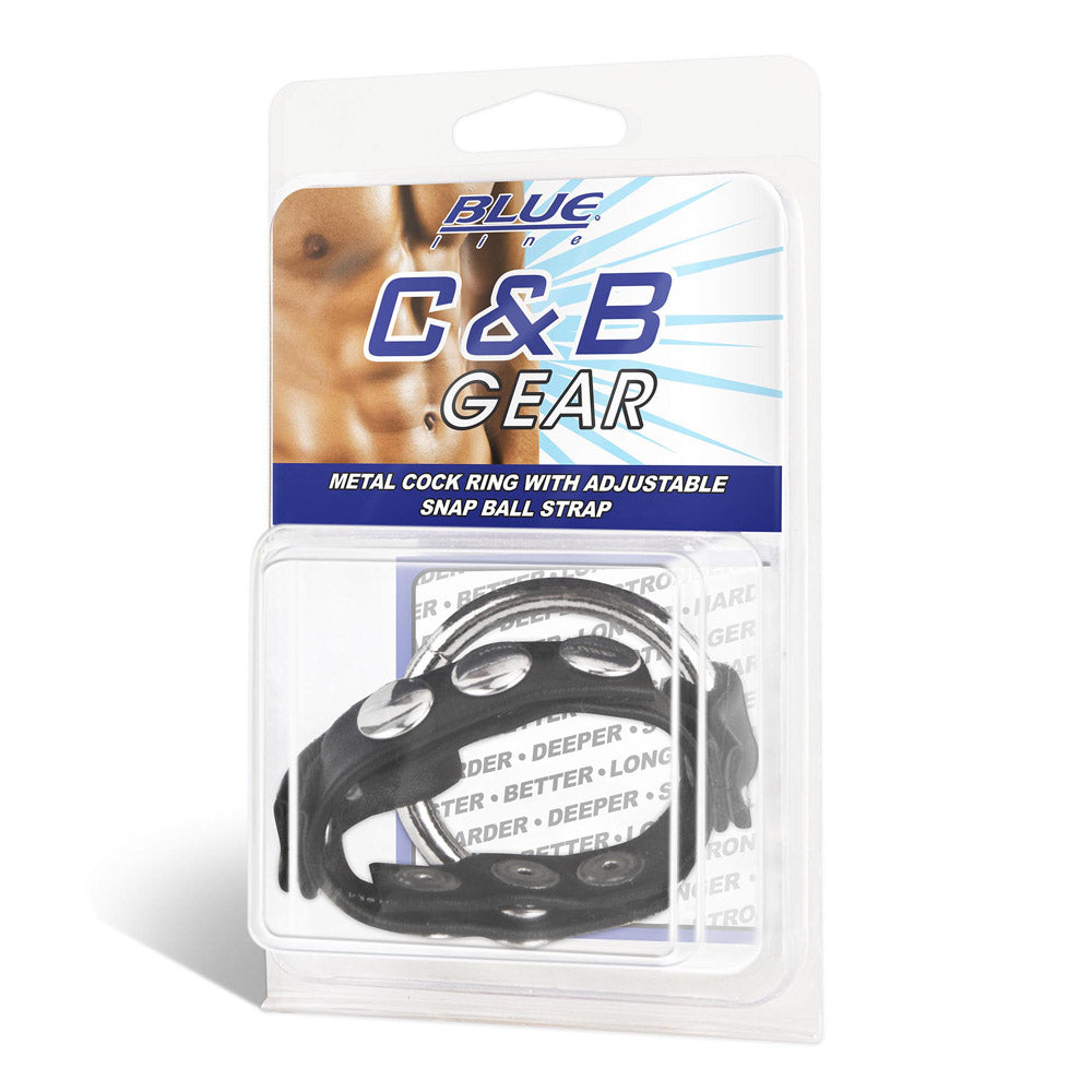 Packaging of the Blue Line Men Metal Cock Ring with Adjustable Snap Ball Strap at glastoy.com