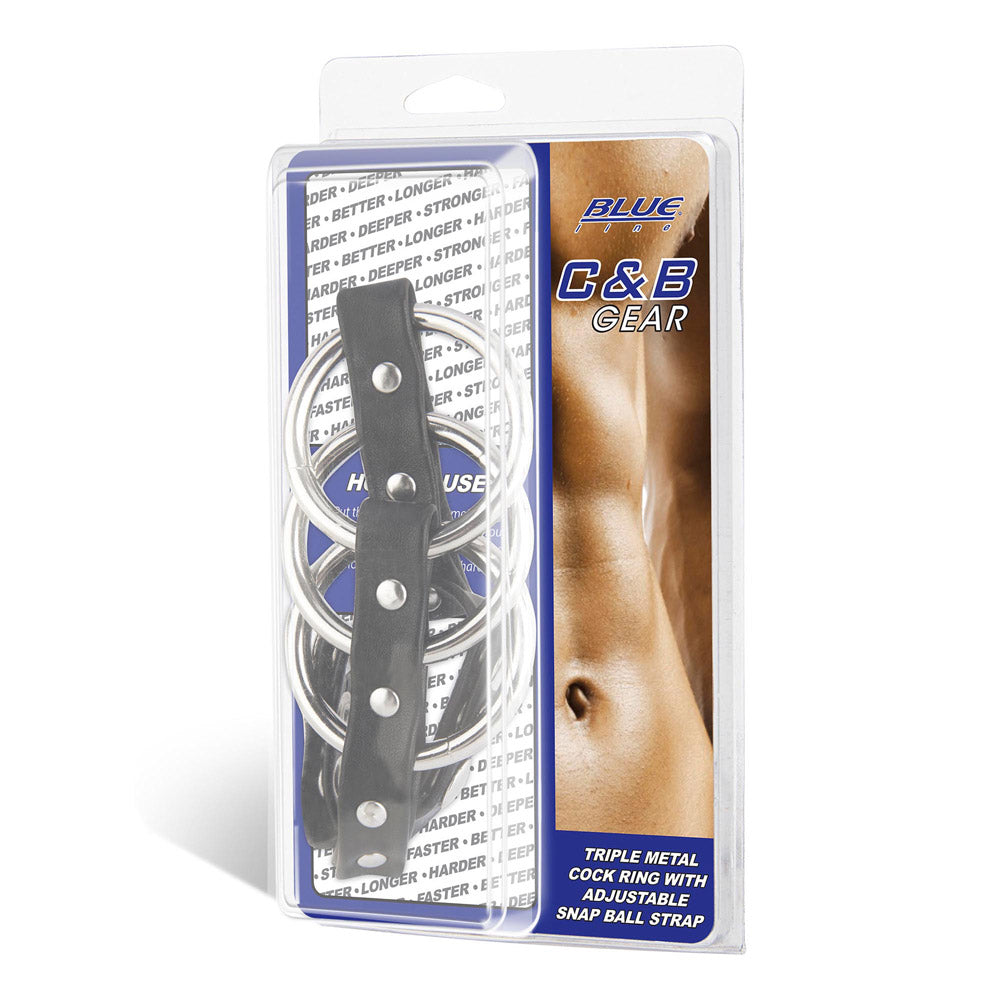 Packaging of the Blue Line Men Triple Metal Cock Ring with Adjustable Snap Ball Strap at glastoy.com